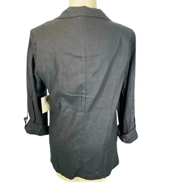 Ellen Tracy Open Front Linen Blend Blazer Size Medium Navy Blue Gold Ring - Picture 6 of 12